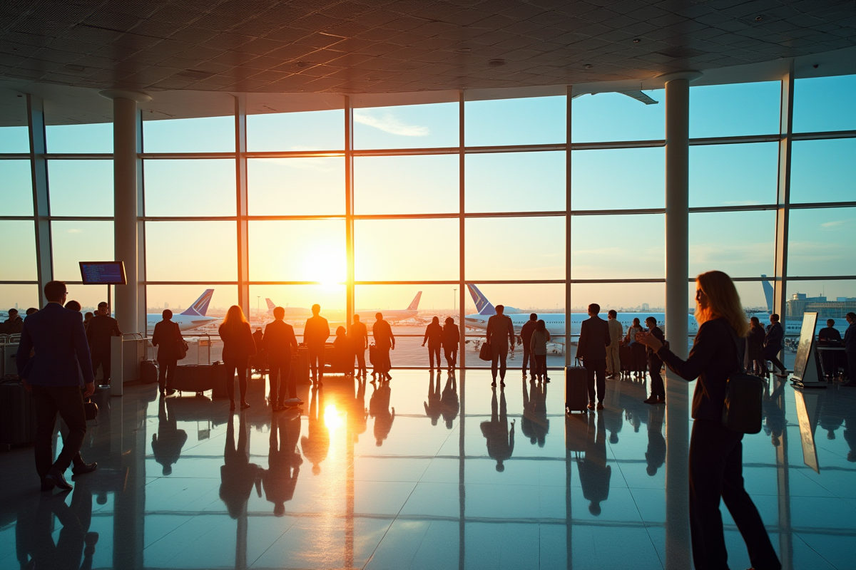 Terminal aéroport international avec voyageurs et avions