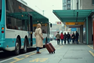 Femme avec valise montant dans un car interurbain moderne à un terminal de bus animé sur le trajet Marseille Aix-en-Provence