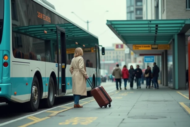 Femme avec valise montant dans un car interurbain moderne à un terminal de bus animé sur le trajet Marseille Aix-en-Provence