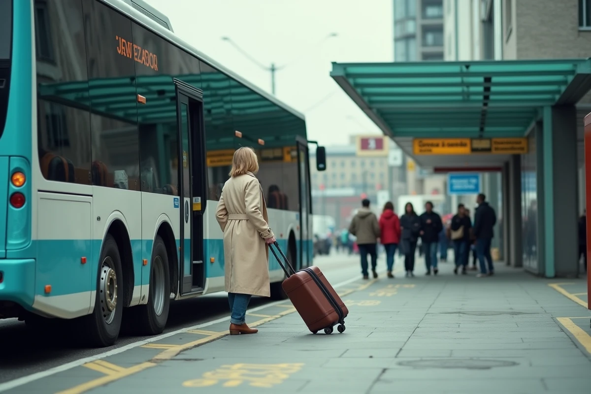 Femme avec valise montant dans un car interurbain moderne à un terminal de bus animé sur le trajet Marseille Aix-en-Provence