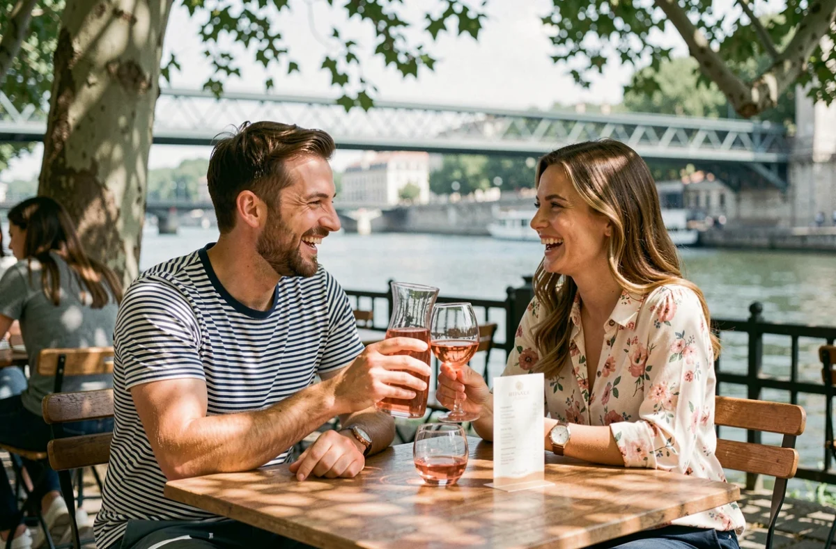 Deux amis profitant d'une terrasse de café au bord de la Saône à Lyon pendant le week-end