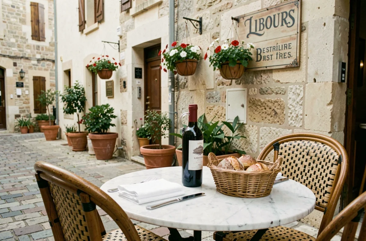 Terrasse d'un restaurant bistrot à Libourne avec vin de Bordeaux et décor de pierre typique
