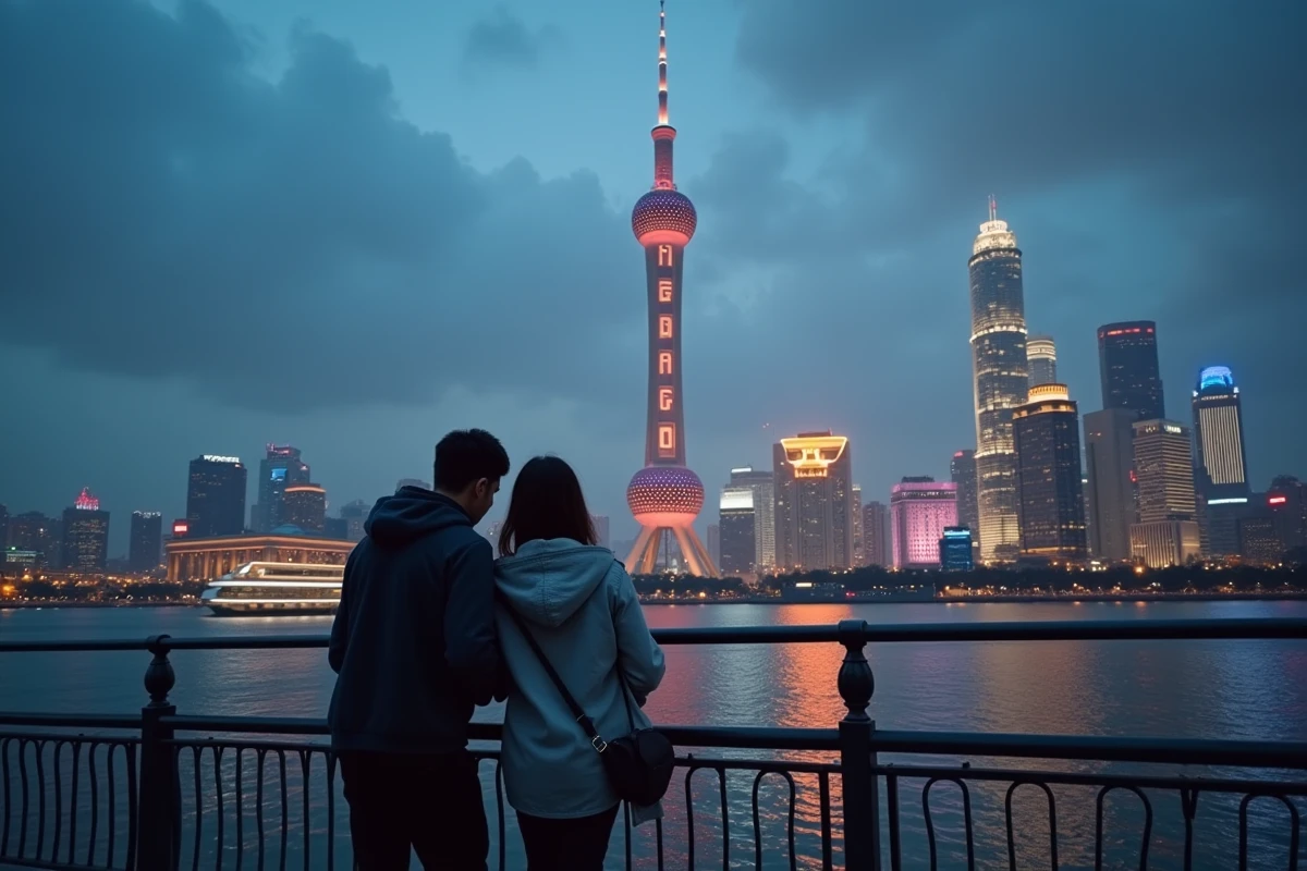 La Tour Canton se dressant sur la skyline de Guangzhou au crépuscule avec le fleuve des Perles en premier plan