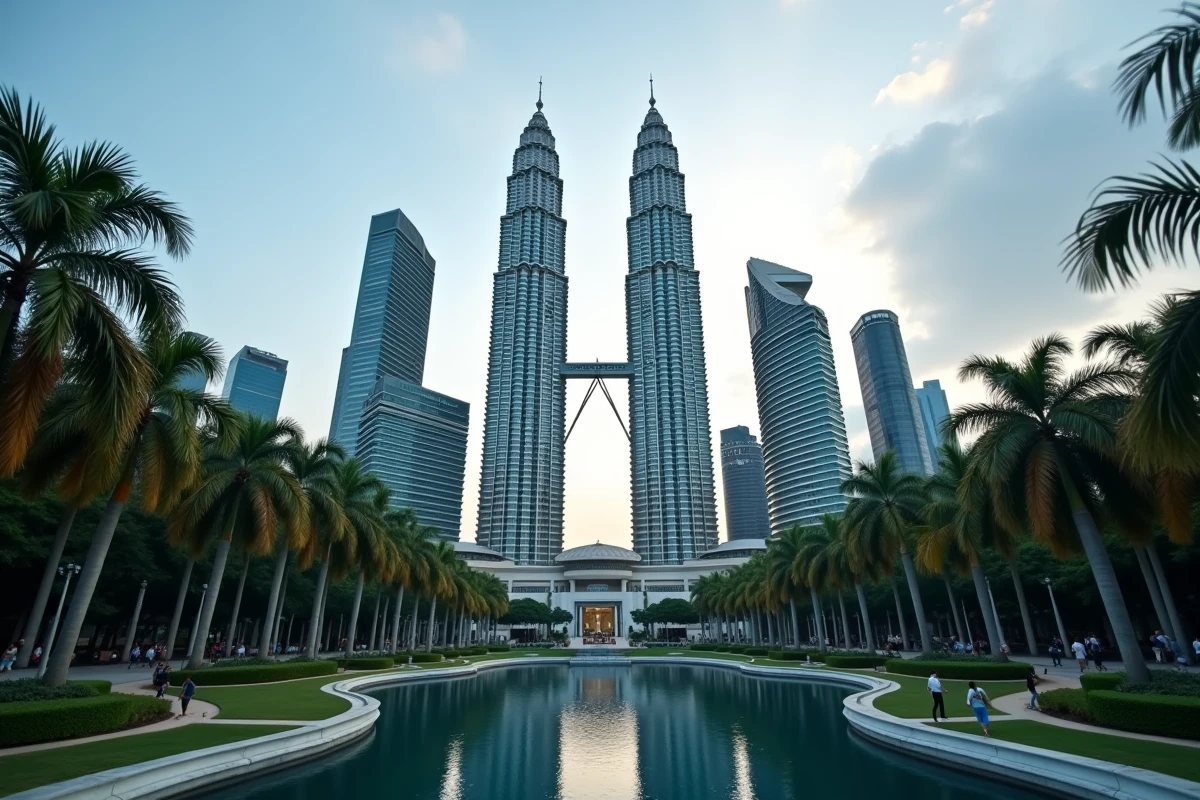 Les tours Petronas de Kuala Lumpur reflétées dans le bassin du parc KLCC, entourées de palmiers tropicaux