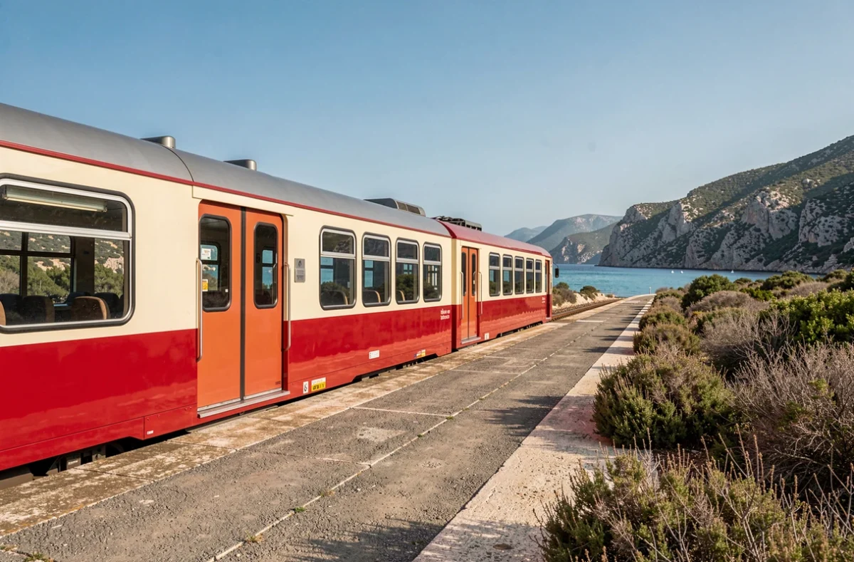 Petit train régional de Corse à quai entre Île-Rousse et Calvi avec vue sur la mer Méditerranée