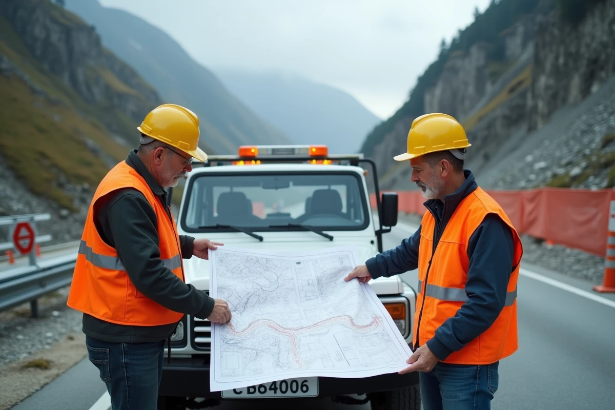 Ouvriers de chantier examinant les plans de travaux routiers au Col du Petit-Saint-Bernard