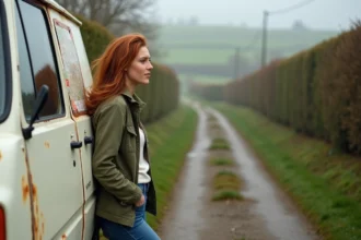 Femme consultant une carte routière de Normandie appuyée contre un van vintage sur un chemin de campagne