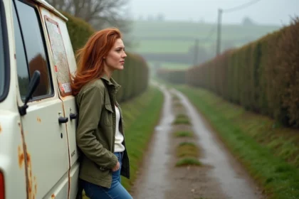 Femme consultant une carte routière de Normandie appuyée contre un van vintage sur un chemin de campagne