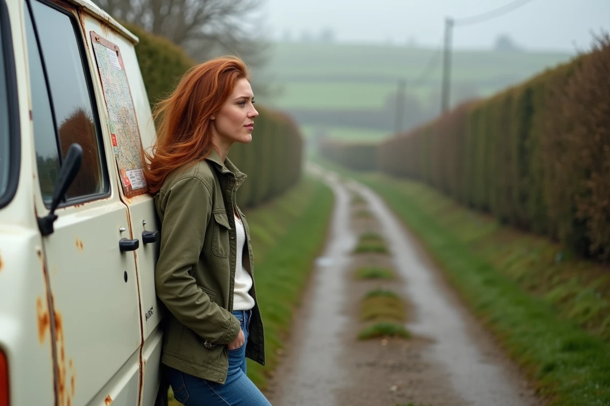 Femme consultant une carte routière de Normandie appuyée contre un van vintage sur un chemin de campagne