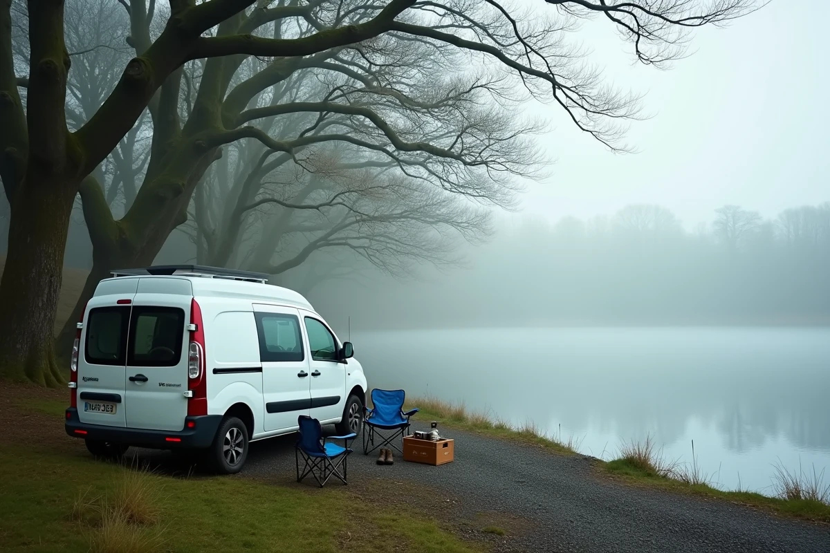 Van aménagé stationné au bord d'un lac irlandais brumeux entouré de forêt au lever du matin