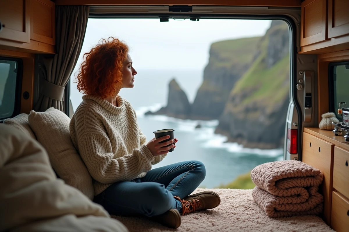 Jeune femme dans un van aménagé ouvert face aux falaises irlandaises avec une vue côtière dramatique