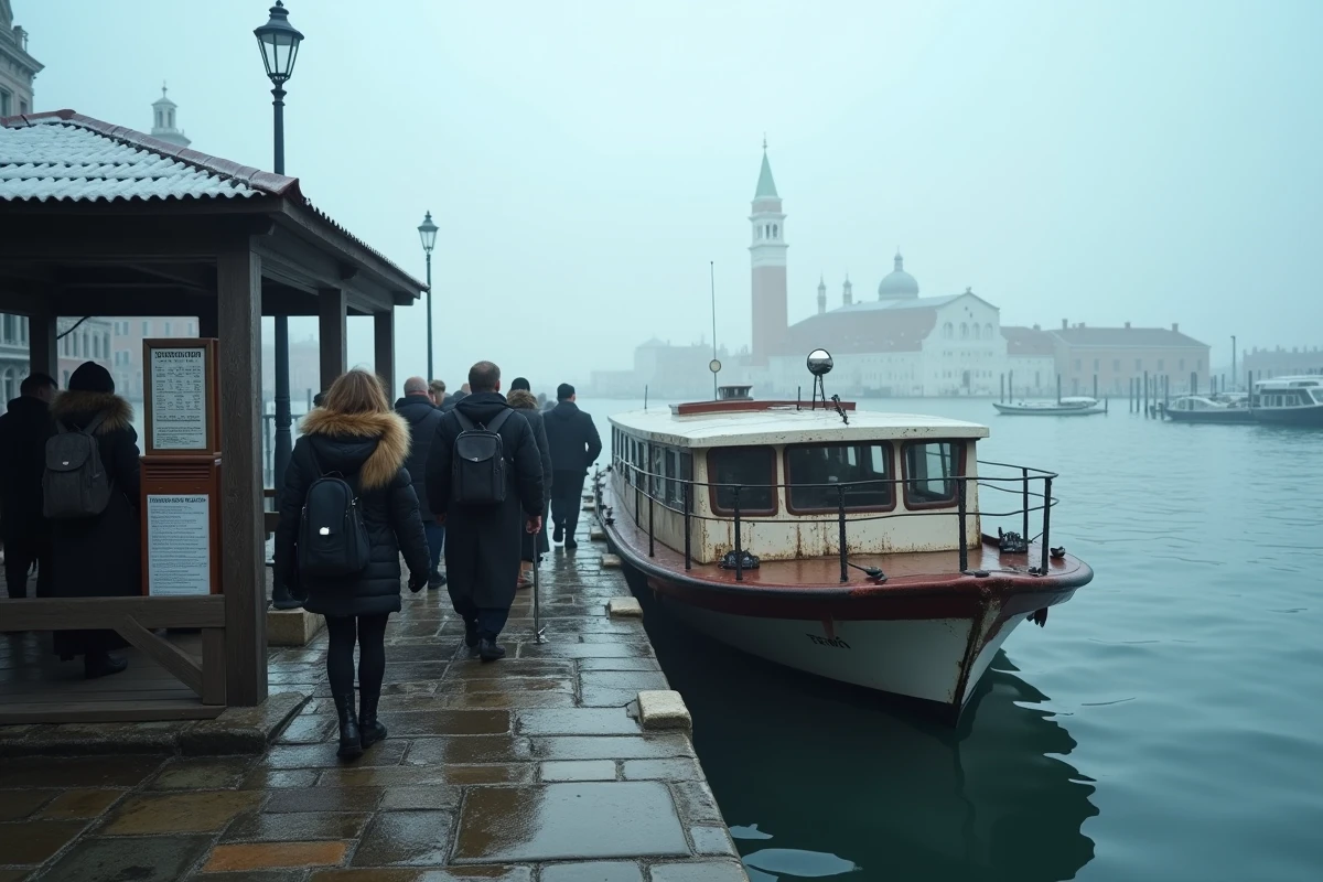 Vaporetto accostant dans le brouillard hivernal à Venise avec des passagers en manteau descendant à quai