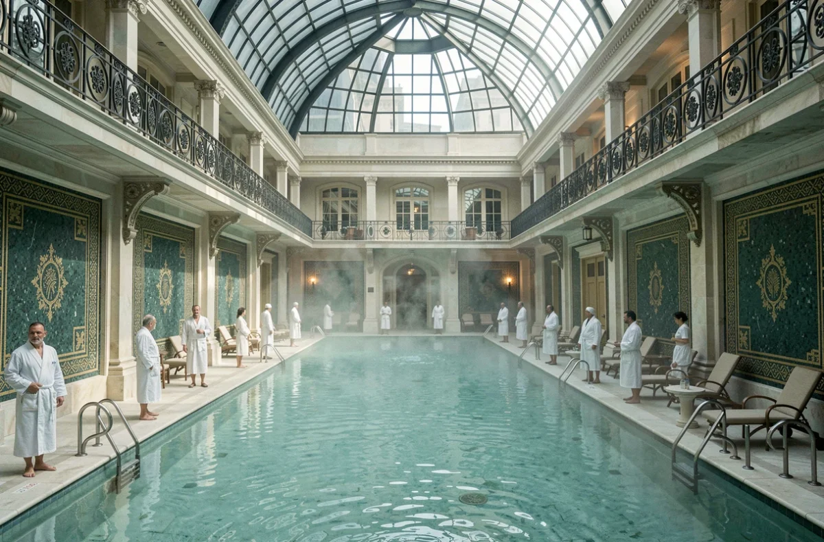 Grande piscine Art Déco de la cure thermale du Vichy Célestins Spa Hôtel avec mosaïques en teal et or et galeries en fer forgé