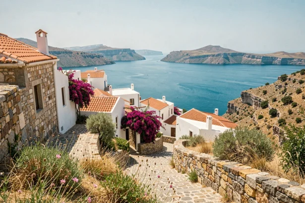 Village traditionnel grec perché sur une colline avec maisons blanches et vue panoramique sur la mer Égée turquoise
