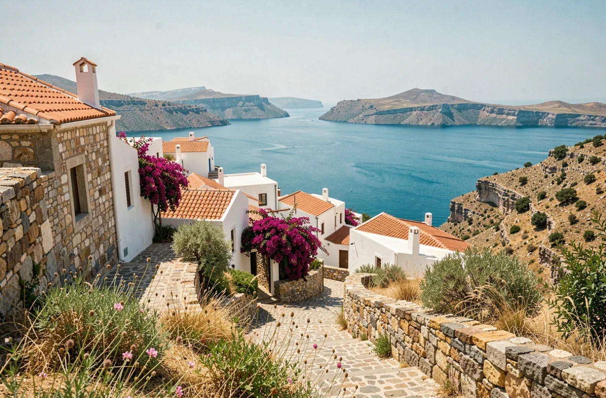 Village traditionnel grec perché sur une colline avec maisons blanches et vue panoramique sur la mer Égée turquoise