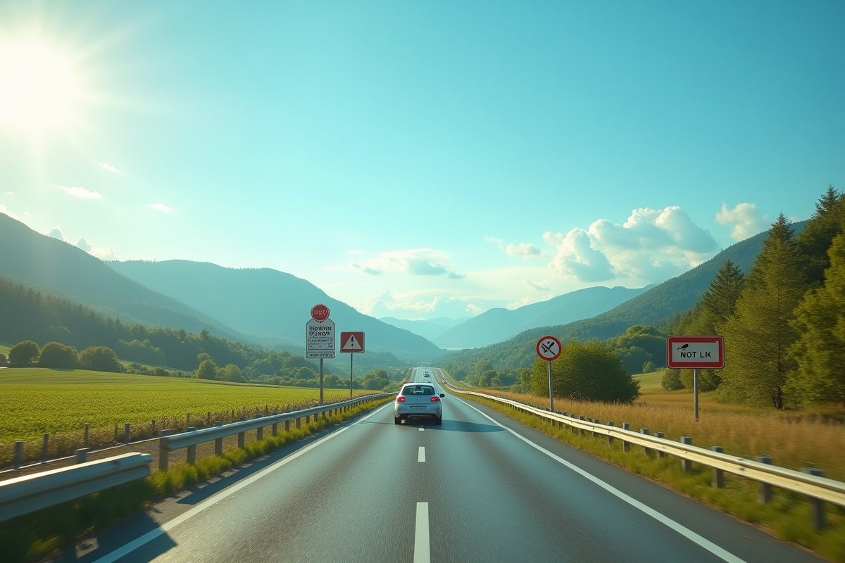 Voiture roulant sur une route pittoresque en campagne européenne ensoleillée