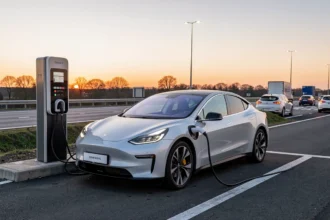 Voiture électrique en charge sur une borne rapide au bord d'une autoroute