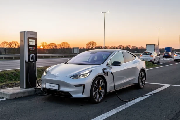Voiture électrique en charge sur une borne rapide au bord d'une autoroute