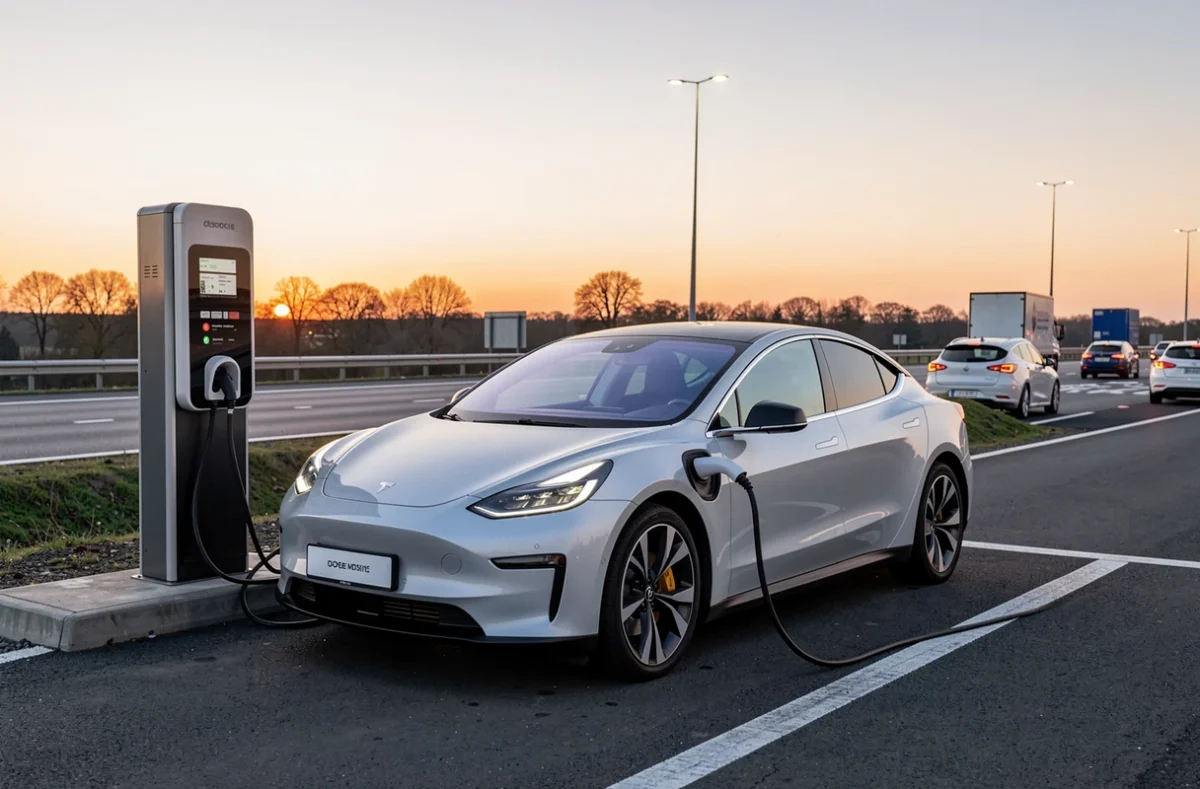 Voiture électrique en charge sur une borne rapide au bord d'une autoroute