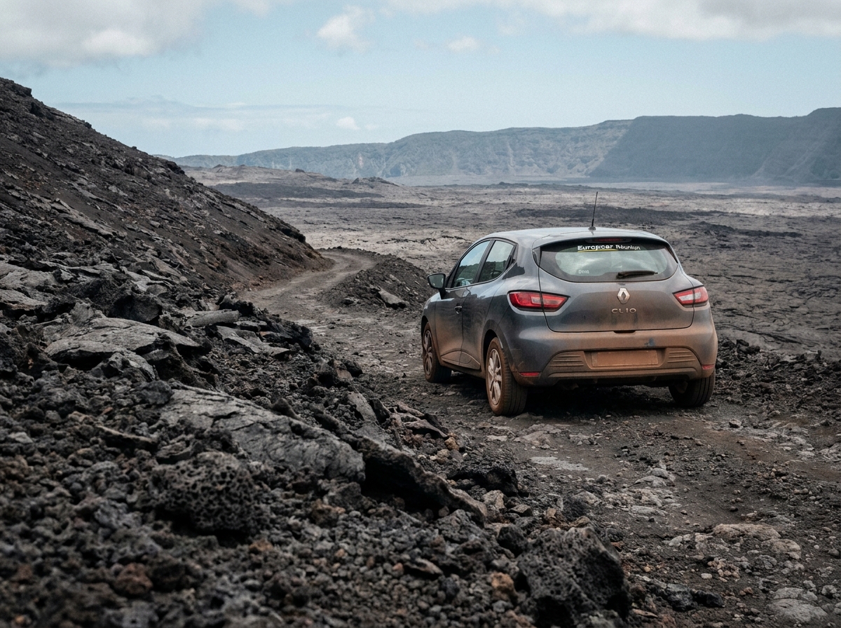 Petite voiture de location sur une route volcanique vers le Piton de la Fournaise à La Réunion, paysage de lave noire à perte de vue