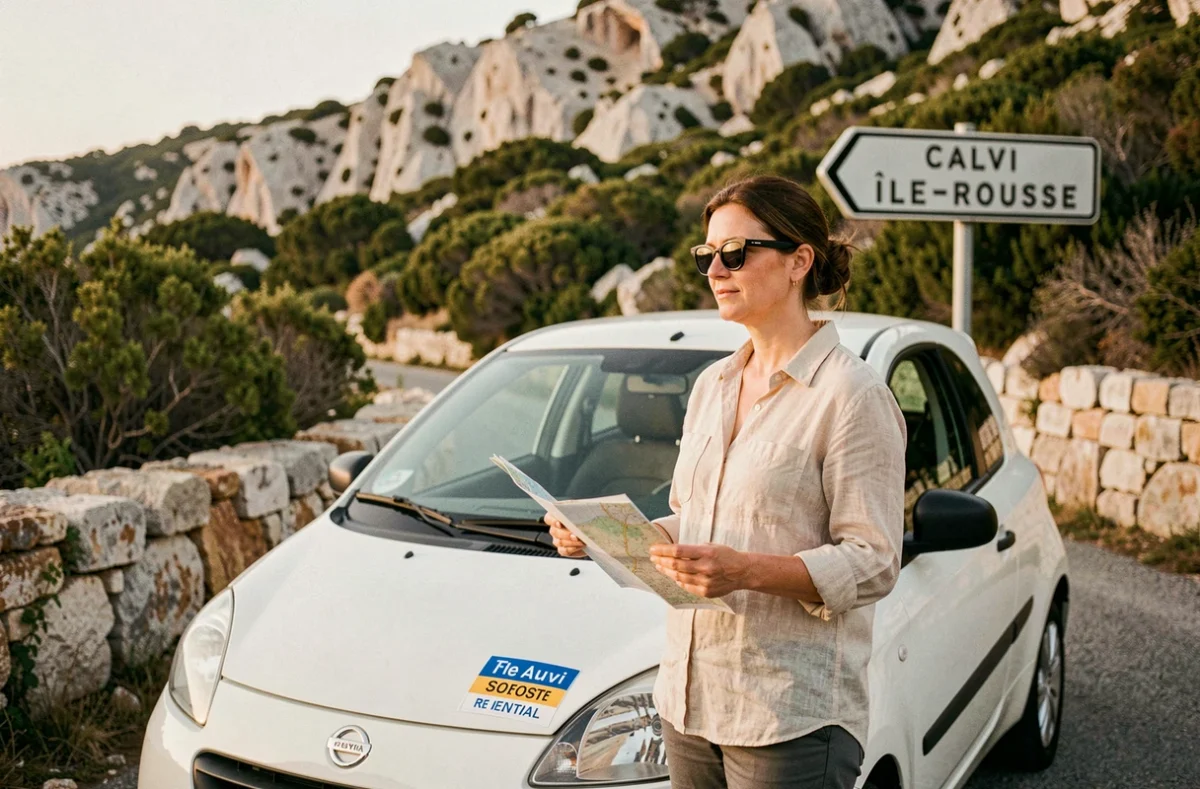 Femme consultant une carte routière à côté d'une voiture de location sur la route entre Île-Rousse et Calvi en Corse