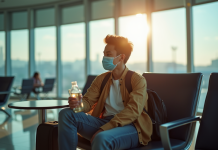 Jeune voyageur assis dans un salon d'aéroport avec masque et bouteille d'eau