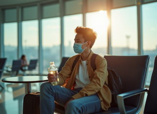 Prendre l’avion avec la dengue : conditions et conseils sanitaires à connaître Jeune voyageur assis dans un salon d'aéroport avec masque et bouteille d'eau