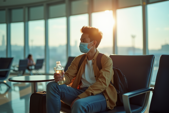 Jeune voyageur assis dans un salon d'aéroport avec masque et bouteille d'eau