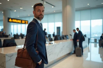Voyageur d'affaires en costume marine au comptoir d'enregistrement premium d'Etihad Airways
