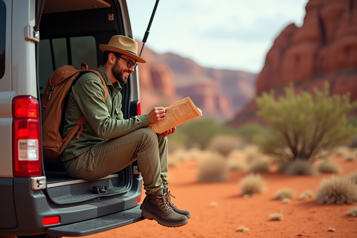 Jeune voyageur avec van dans l outback australien