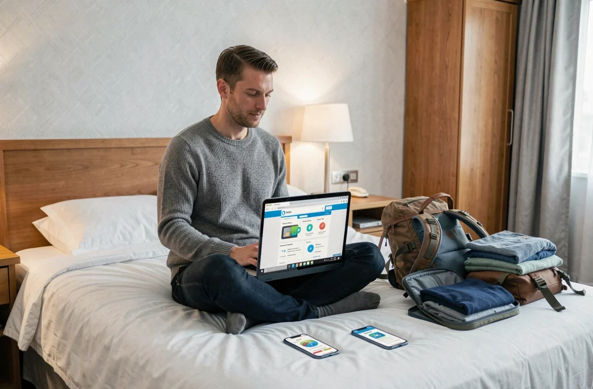 Voyageur comparant les offres de cartes SIM pour longs séjours sur ordinateur portable dans une chambre d'hôtel