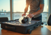 Voyageur emballant un appareil photo dans une valise moderne