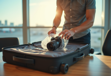 Voyageur emballant un appareil photo dans une valise moderne
