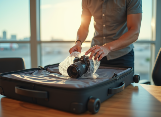 Bagages enregistrés : transporter des objets fragiles en toute sécurité en avion Voyageur emballant un appareil photo dans une valise moderne