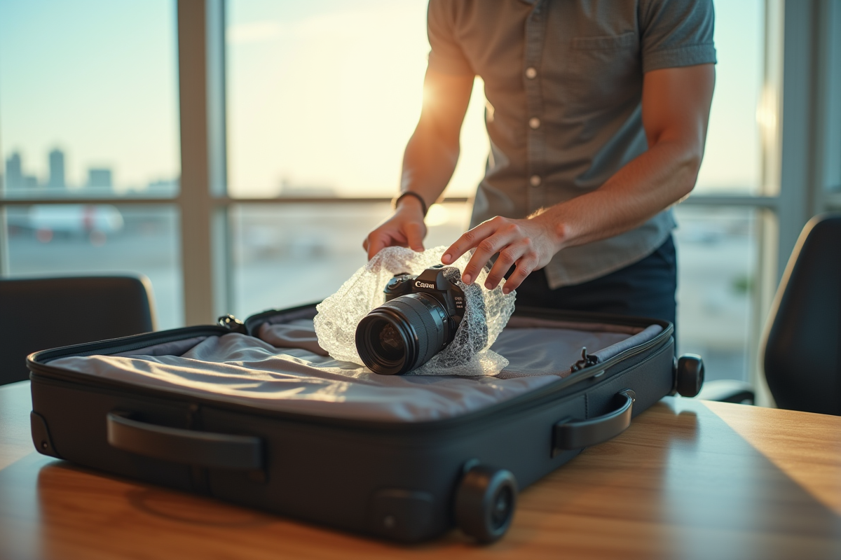 Voyageur emballant un appareil photo dans une valise moderne