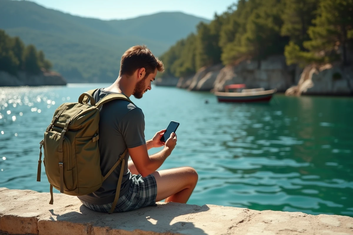 Voyageur seul épuisé vérifiant son téléphone sans réseau au bord du lac Malo Jezero dans le parc national de Mljet