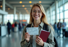 Voyageur souriant tenant un permis de conduire international et un passeport à l'aéroport