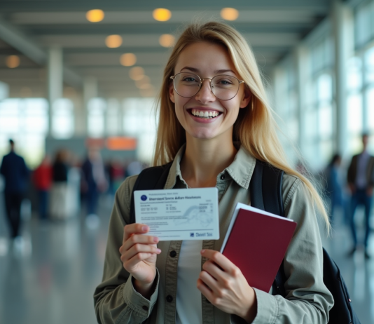 Voyageur souriant tenant un permis de conduire international et un passeport à l'aéroport