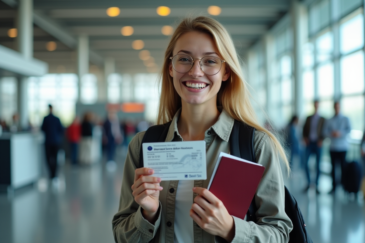 Voyageur souriant tenant un permis de conduire international et un passeport à l'aéroport