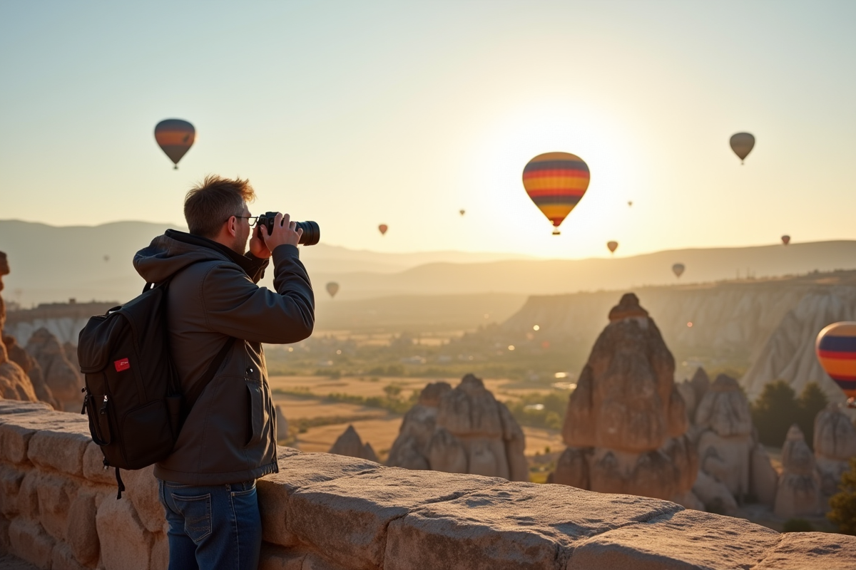 Voyageur photographiant une montgolfiere en Cappadoce