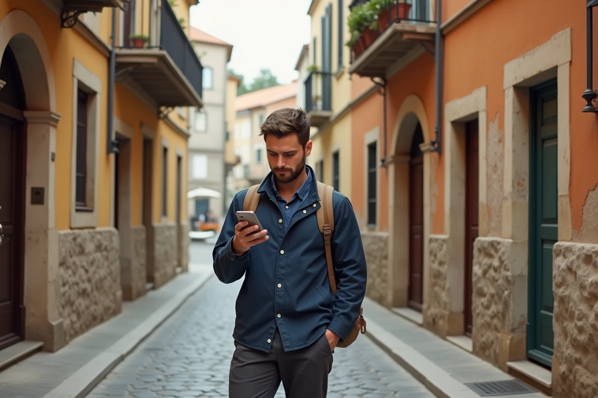 Voyageur solo masculin explorant une ruelle pavée d'un port méditerranéen en consultant son smartphone