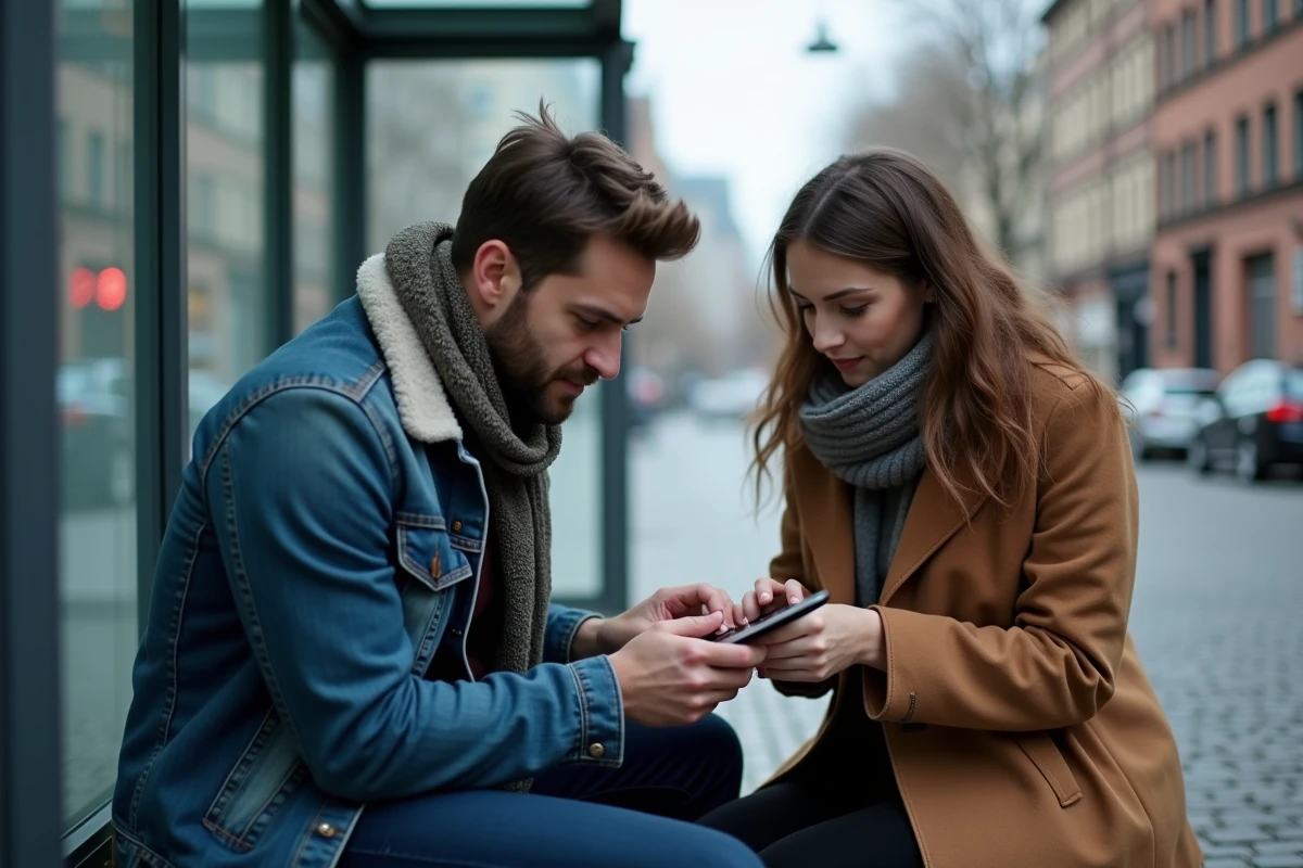 Deux voyageurs consultant l'assistance BlaBlaCar Bus sur tablette à un arrêt de bus urbain