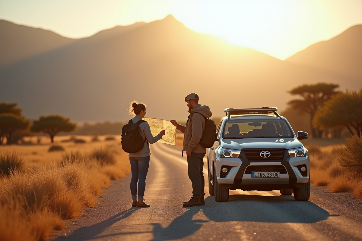 Deux voyageurs regardant une carte sur la route en Namibie
