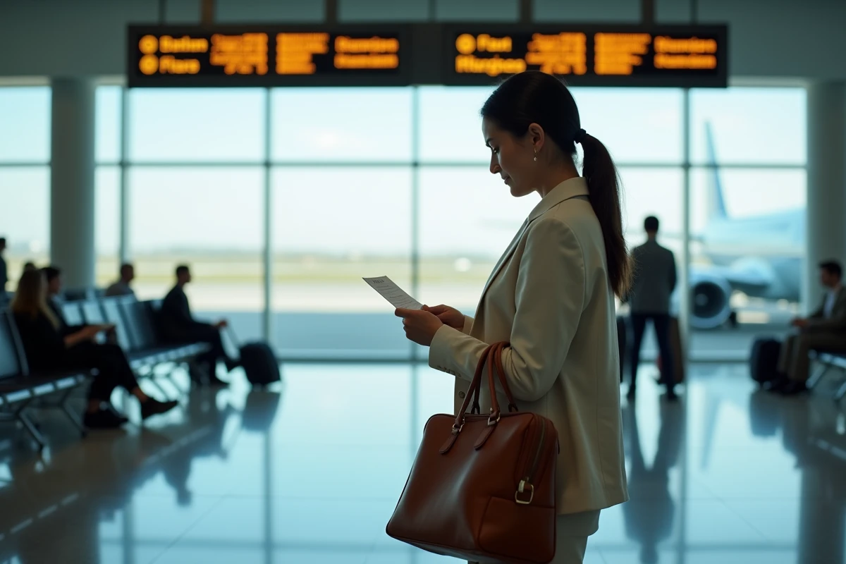 Voyageuse à l'aéroport de Lyon consultant sa carte d'embarquement avant un vol vers la République Dominicaine