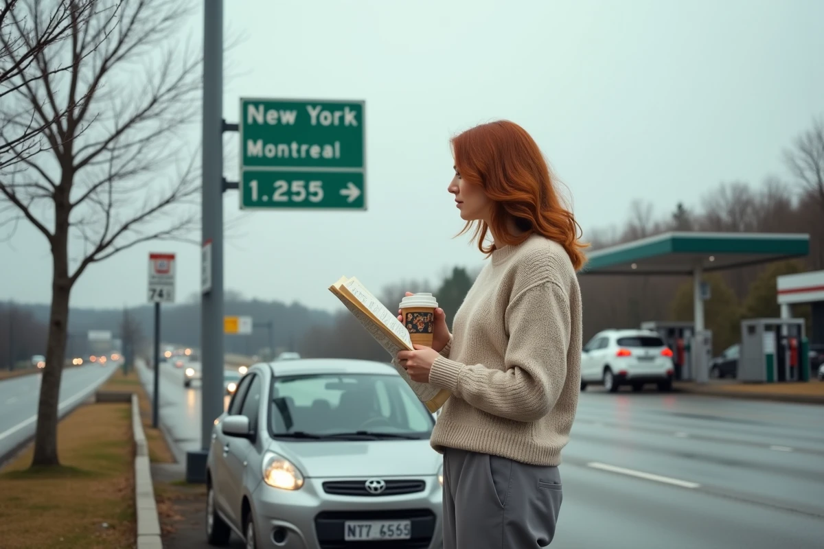 Voyageuse avec carte routière et café à une station-service sur la route Montréal–New York