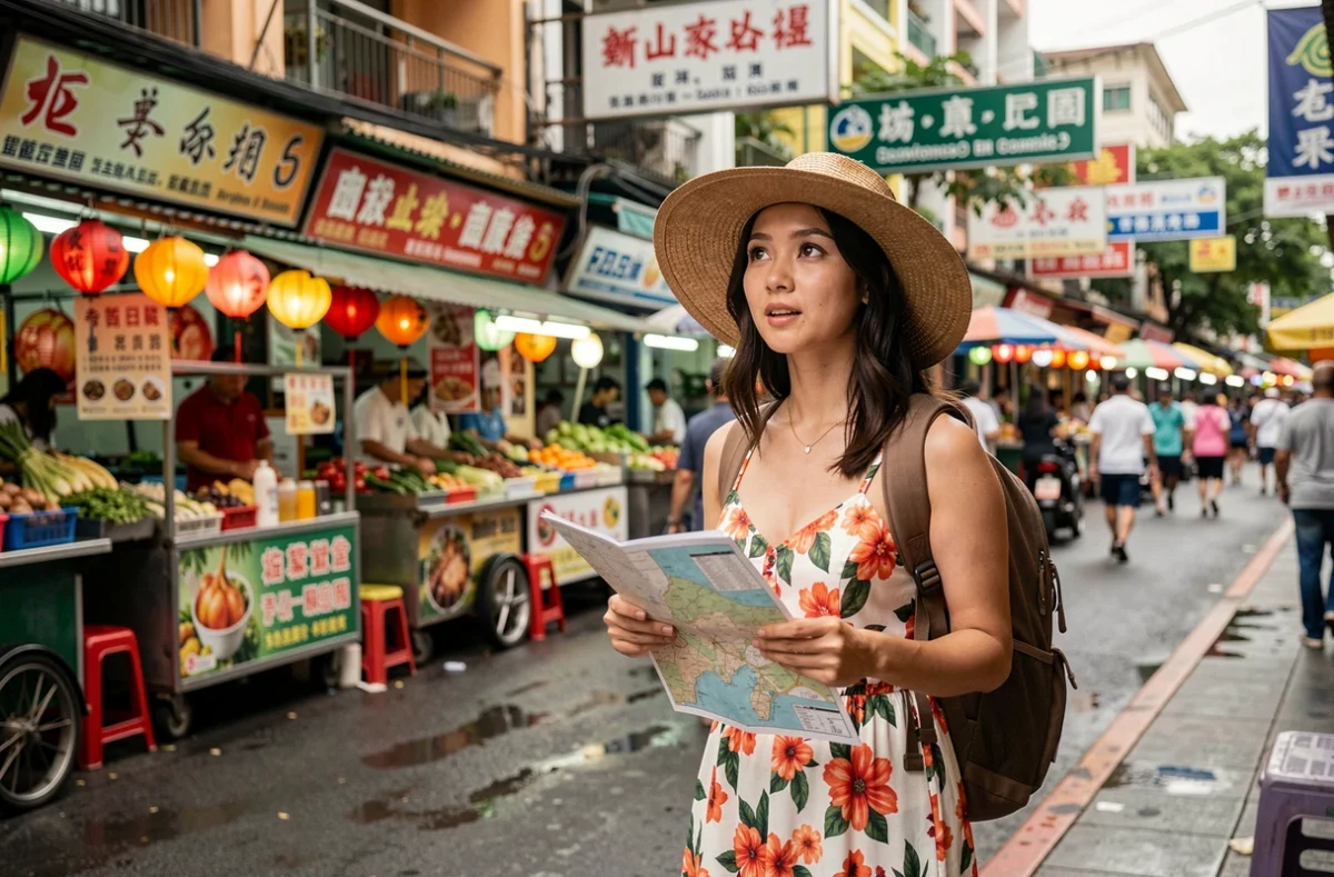 Voyageuse explorant un marché asiatique lors d'une escale de tour du monde en croisière Costa