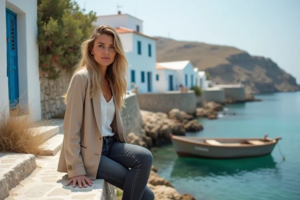 Voyageuse solitaire assise sur un mur en pierre blanche à Kythira hors saison, avec vue sur une baie tranquille de la mer Égée