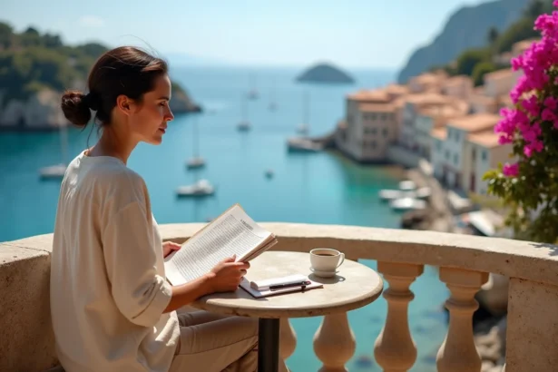 Voyageuse solo assise en terrasse méditerranéenne consultant un guide de voyage avec vue sur une baie turquoise
