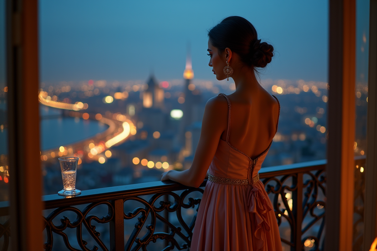 Femme en robe élégante regardant la ville au crépuscule