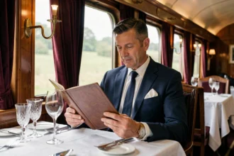 Passager en costume élégant consultant le menu dans le wagon-restaurant de l'Orient Express, décor art déco en bois et velours